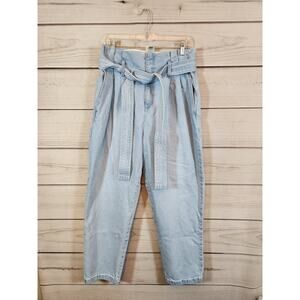 A New Day Womens Blue Solid Cotton High Rise Belted Straight Cropped Jeans Sz 12